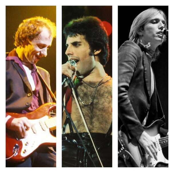 Picture: Left to Right - Mark Knopfler of Dire Strait, Freddie Mercury of Queen and Tom Petty