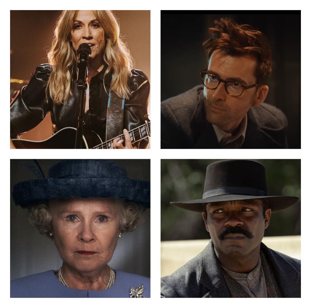 Picture: Sheryl Crow (upper left), David Tennant in 'Doctor Who' (upper right), Imelda Staunton in 'The Crown' (bottom left) and David Oyelowo in 'Lawman: Bass Reeves' (lower right)