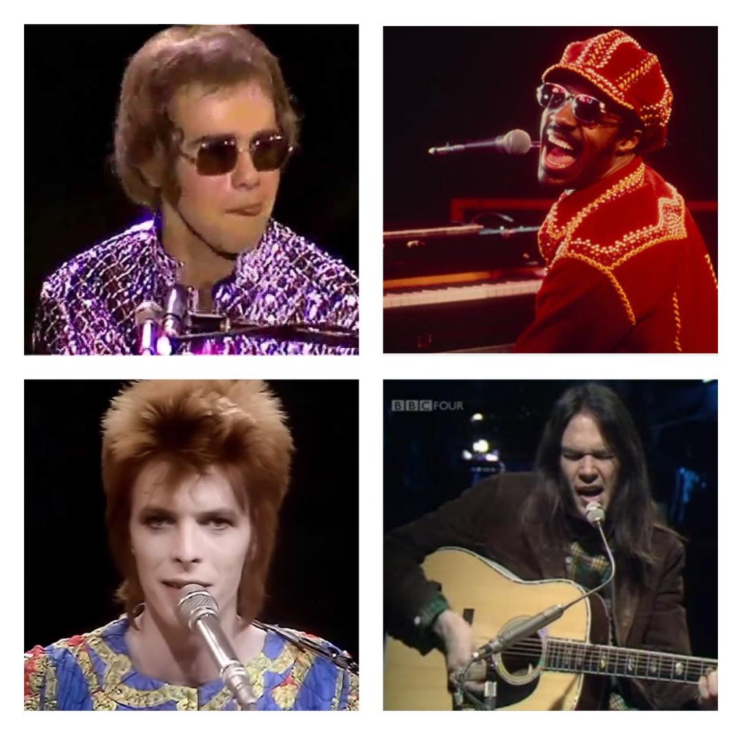Picture: Elton John (upper left), Stevie Wonder (under right), David Bowie (lower left) & Neil Young (lower right)