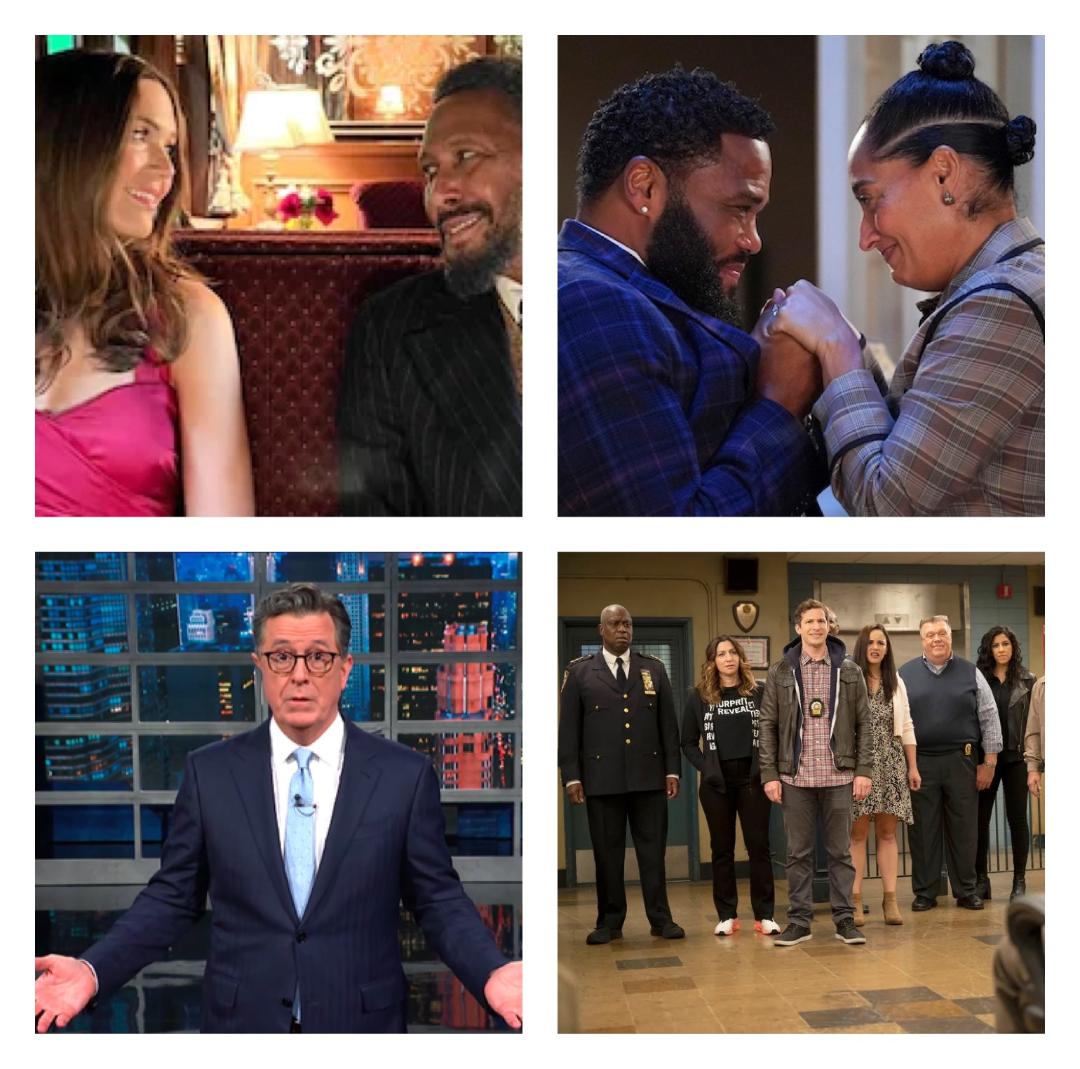 Picture: Mandy Moore & Ron Cephas Jones in This Is Us (upper left), Anthony Anderson & Tracee Ellis Ross in black-ish (upper right), Stephen Colbert in Late Show (lower left) and Cast of Brooklyn Nine-Nine (lower right)