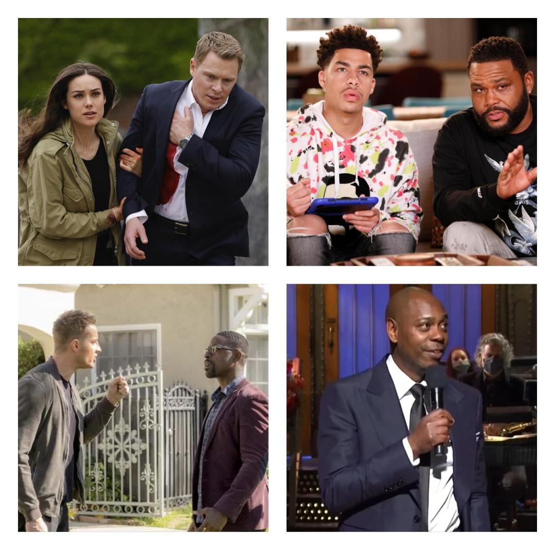 Picture: Megan Boone & Diego Klattenhoff from The Blacklist (upper left), Marcus Scribner and Anthony Anderson from black-ish (upper right), Justin Hartley and Sterling K. Brown from This Is Us (lower left) and Dave Chappelle hosting Saturday Night Live (lower right)  
