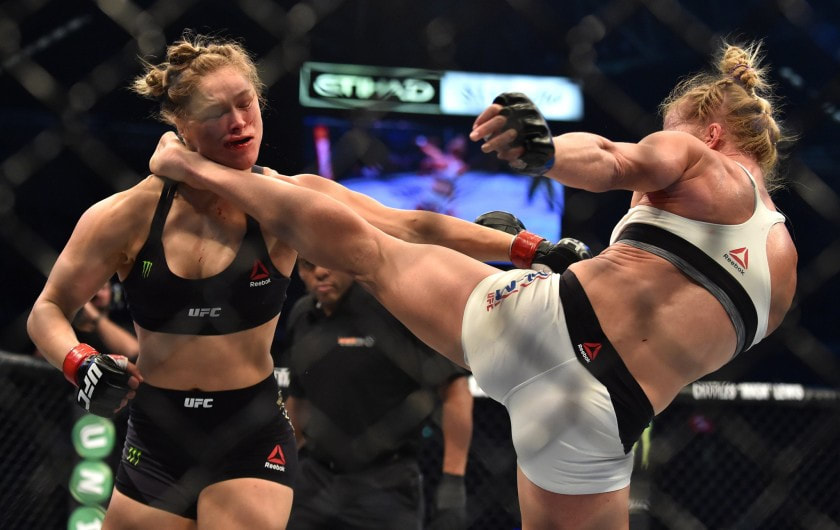 Picture: Holly Holm knocks out Ronda Rousey with a kick to the face at UFC 193 in 2015