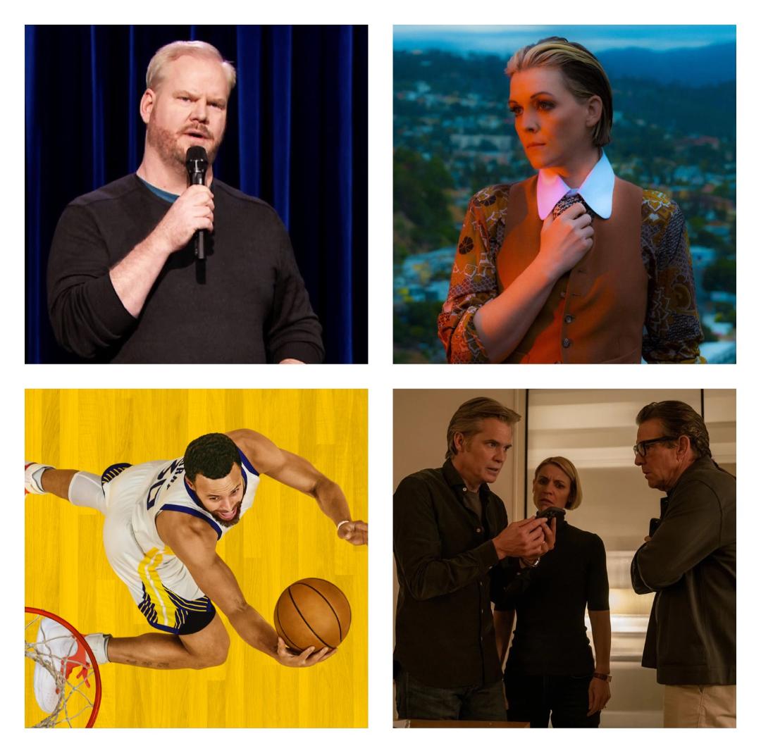 Picture: Jim Gaffigan (upper left), Brandi Carlile (upper right), Stephen Curry (lower left) and Timothy Olyphant, Claire Danes and David Quaid in 
