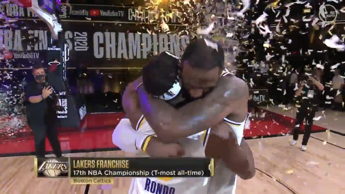Picture: LeBron James celebrates with Rajon Rondo after Los Angeles Lakers win NBA Finals