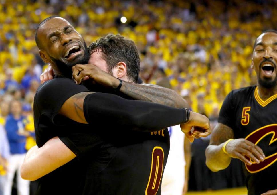 Picture: LeBron James celebrates Cavaliers NBA title with Kevin Love