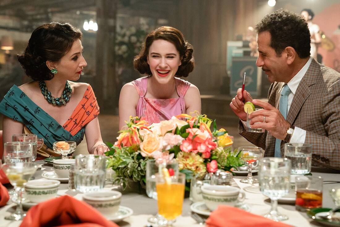 Picture: Marin Hinkle, Rachael Brosnahan and Tony Shalhoub in The Marvelous Mrs. Maisel 
