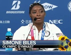 Picture: Simone Biles at Olympic press conference following withdrawal from Olympic event