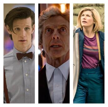 Picture: Matt Smith, Peter Capaldi and Jodie Whittaker as The Doctor in Doctor Who