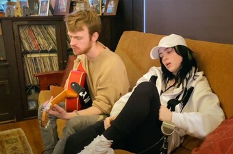 Picture: Finneas, left, and Billie Eilish perform on iHeartRadio Living Room Concert