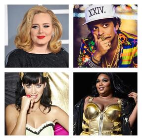 Picture: Adele (top left), Bruno Mars (top right), Katy Perry (bottom left) and Lizzo (bottom right)