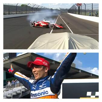 Picture: Spencer Pigot crashing in 2020 Indianapolis 500 (top) leads to Takuma Sato winning race under caution (bottom)