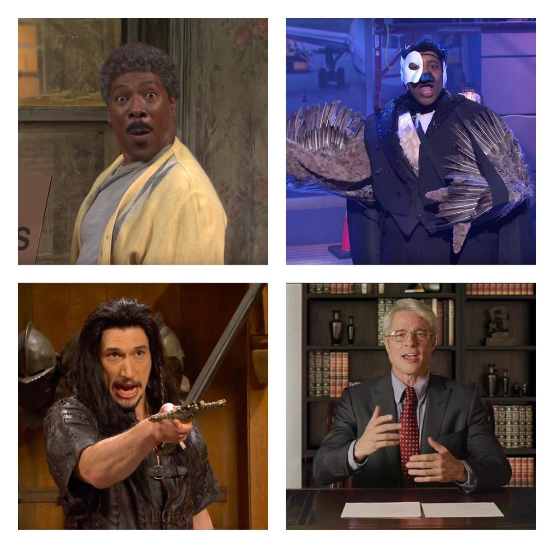 Picture: Eddie Murphy as Mr. Robinson (top left), Kenan Thompson as Phantom of La Guardia (top right), Adam Driver (bottom left) and Brad Pitt as Dr. Anthony Fauci (bottom right)