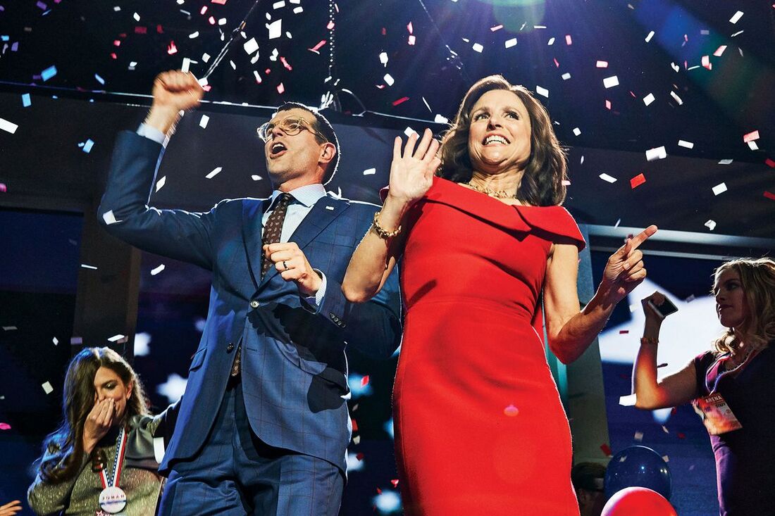 Picture: Timothy Simons, left, and Julia Louis-Dreyfus in Veep series finale 